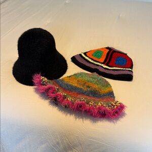 Women's Black Fuzzy Bucket Hat & Multi Colored Knit Hats Set of 3 - Unbranded